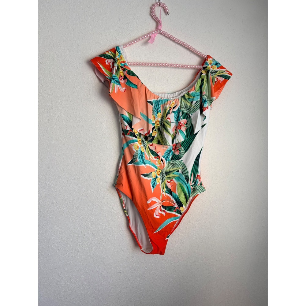 Trina Turk Tropical Floral Print One Piece Swimsuit Off The Shoulder Ruffle 16W
